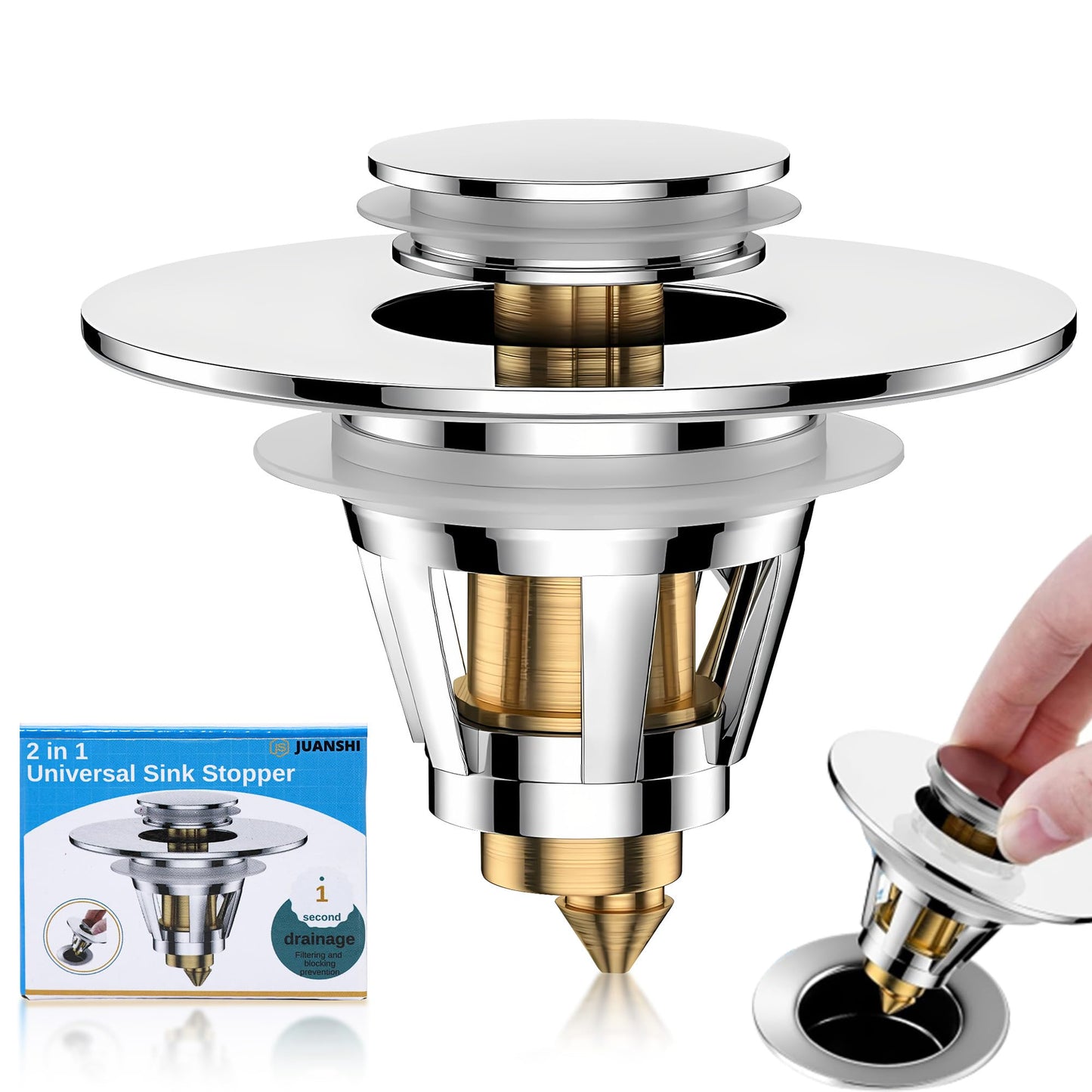 JUANSHI® Universal 2-in-1 Bathroom Sink Plug, Pop-Up Drain Filter & Stopper for 27mm-46mm Drain Holes