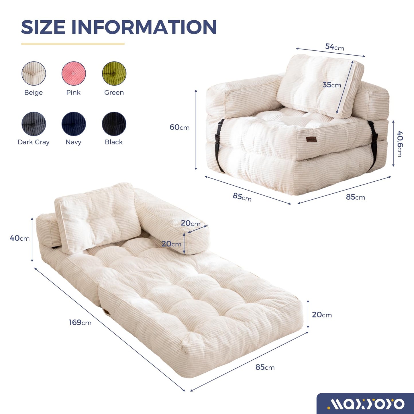 MAXYOYO Foldable Sofa Bed,Bean Bag Couch Convertible Sleeper Chair with Armrest L-Shaped Floor Lounge Sofa with Pillow Portable Lounge Seat for