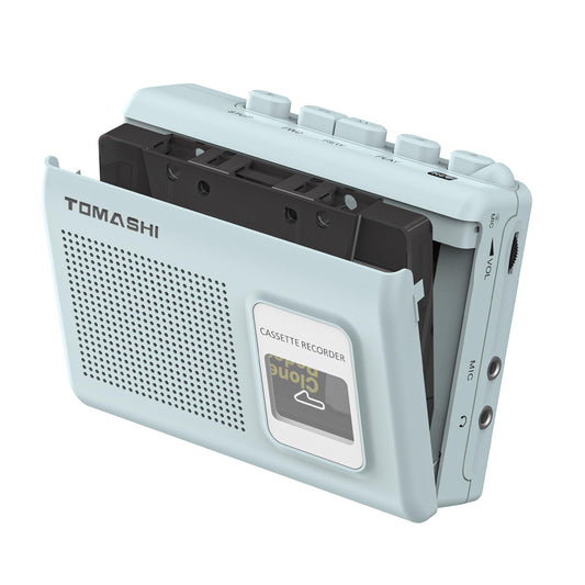 Portable Cassette Player, Tape Recorder with Built-in Speaker, Microphone, Headphone Jack, 4.57 x 3.54 x 1.38 inches (Blue)