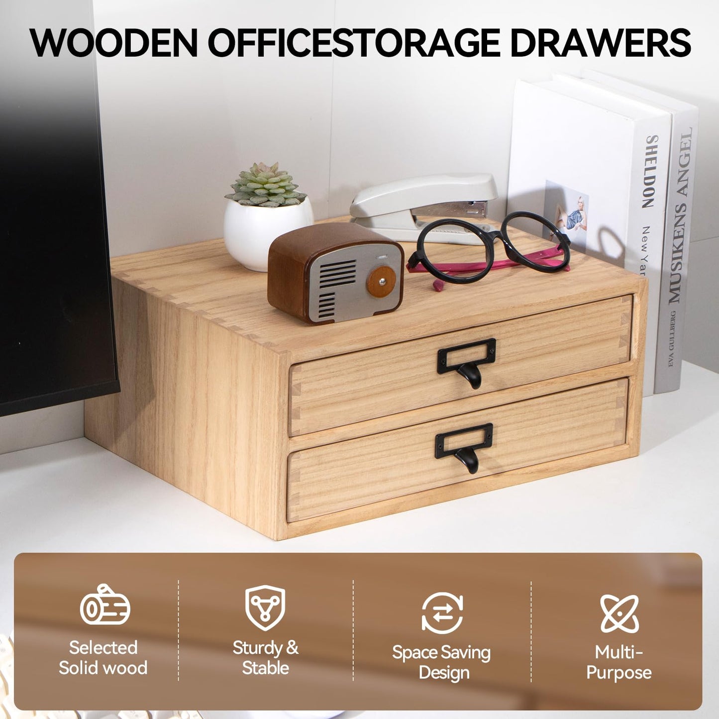KIRIGEN Wooden Desktop Drawer Organiser, 2 Drawers, A4 Storage, Natural