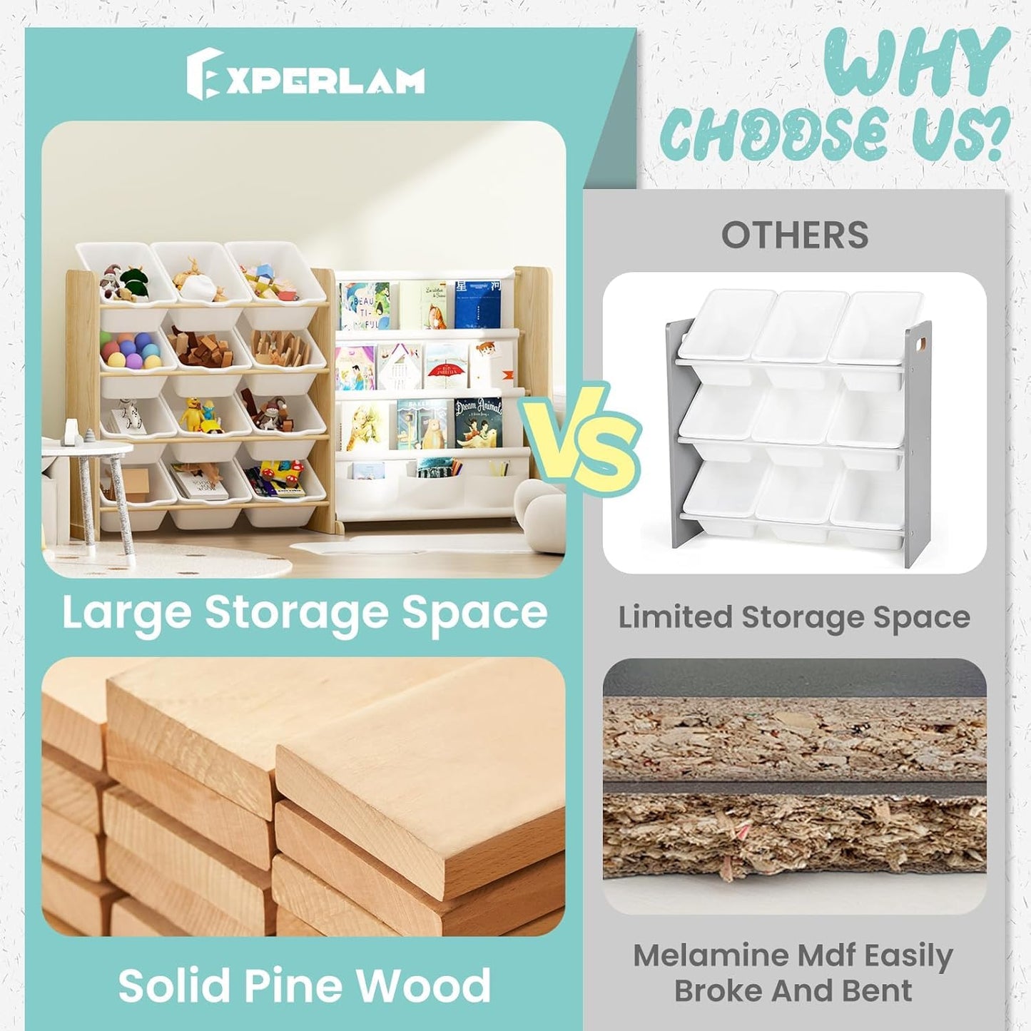 EXPERLAM Kids Toy Storage Organizer - Toy Organizer with Bookshelf, Toy Storage with 12 Toy White Bins and 4 Book Shelves
