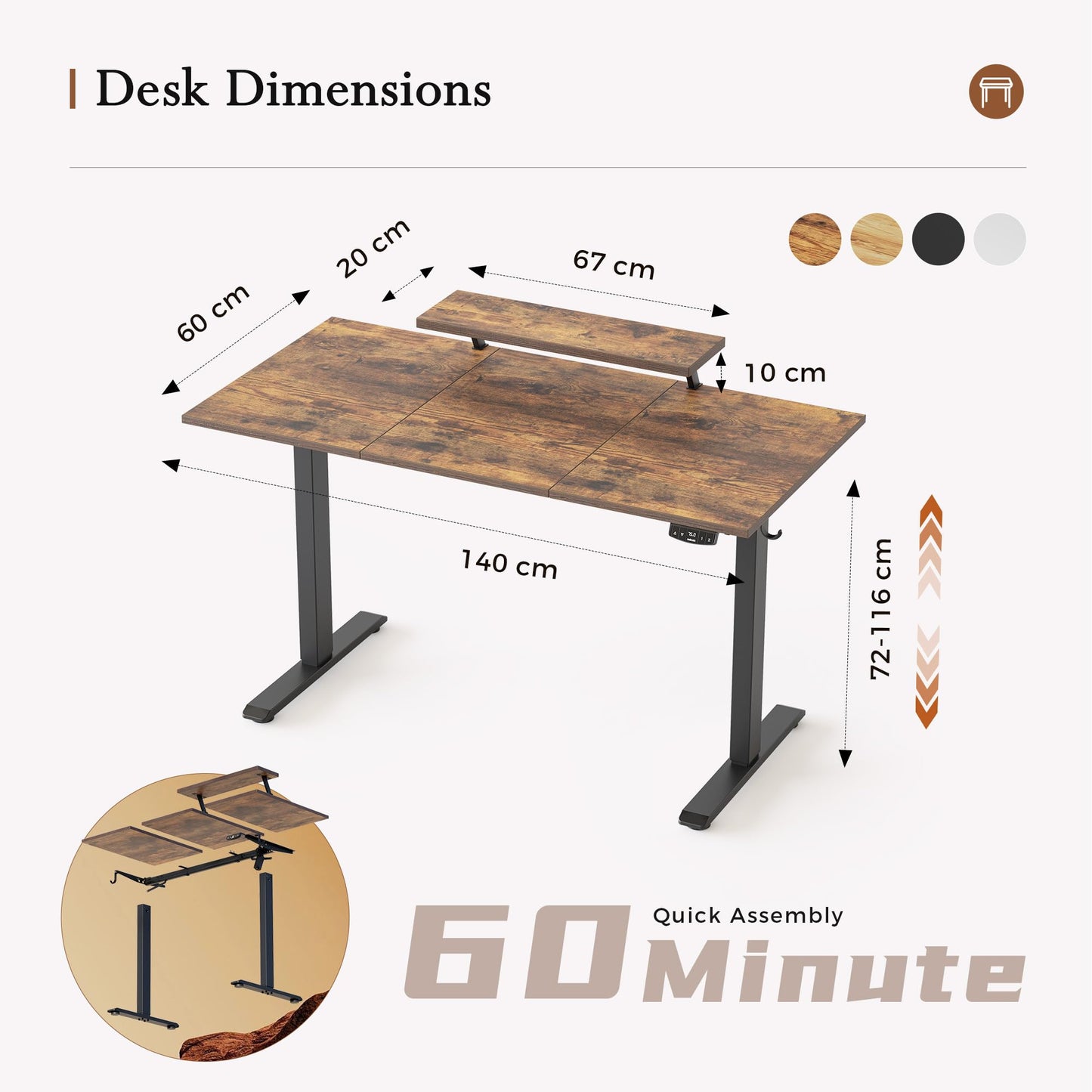 Klicelor Eletric Height Adjustable Desk, Movable Monitorstand, 140x60cm