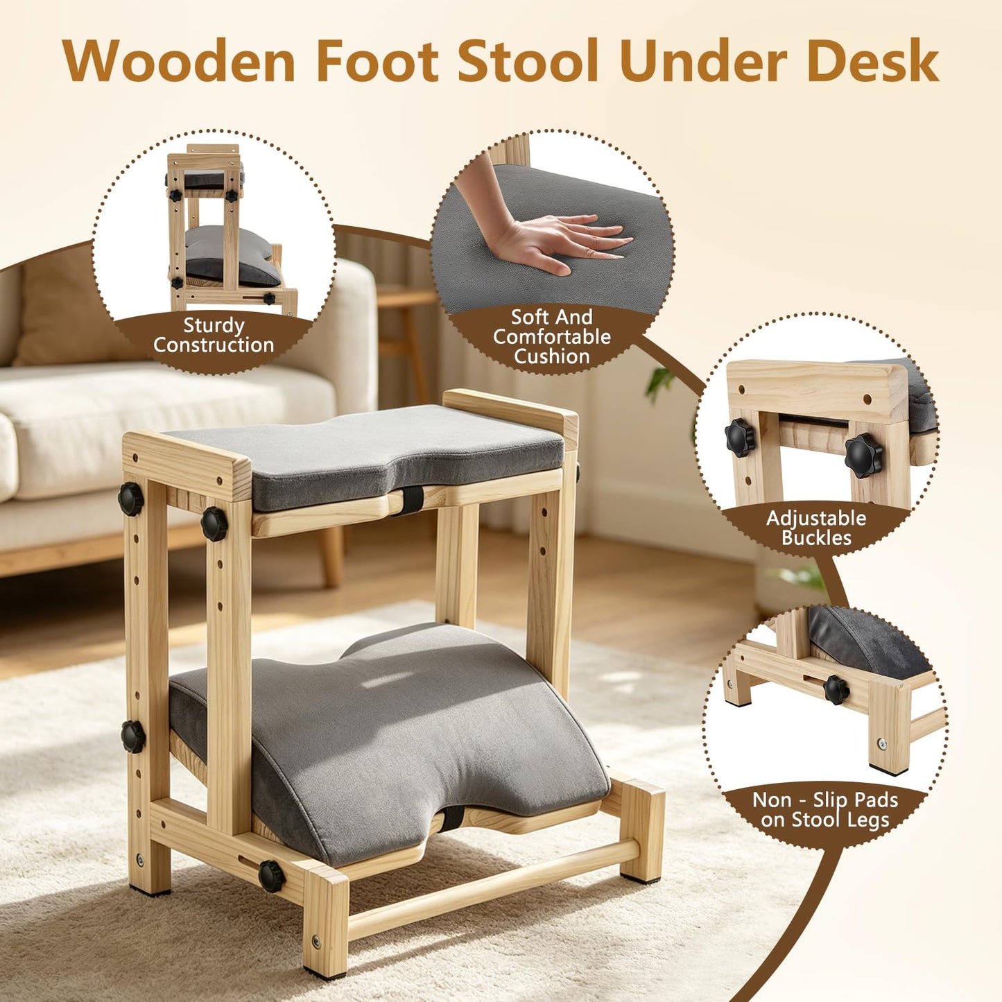 Normodic Adjustable Double Step Footrest, Foot Rest Under Desk at Work, Wooden Foot Stool for Under Desk with 4 Heights & Angles