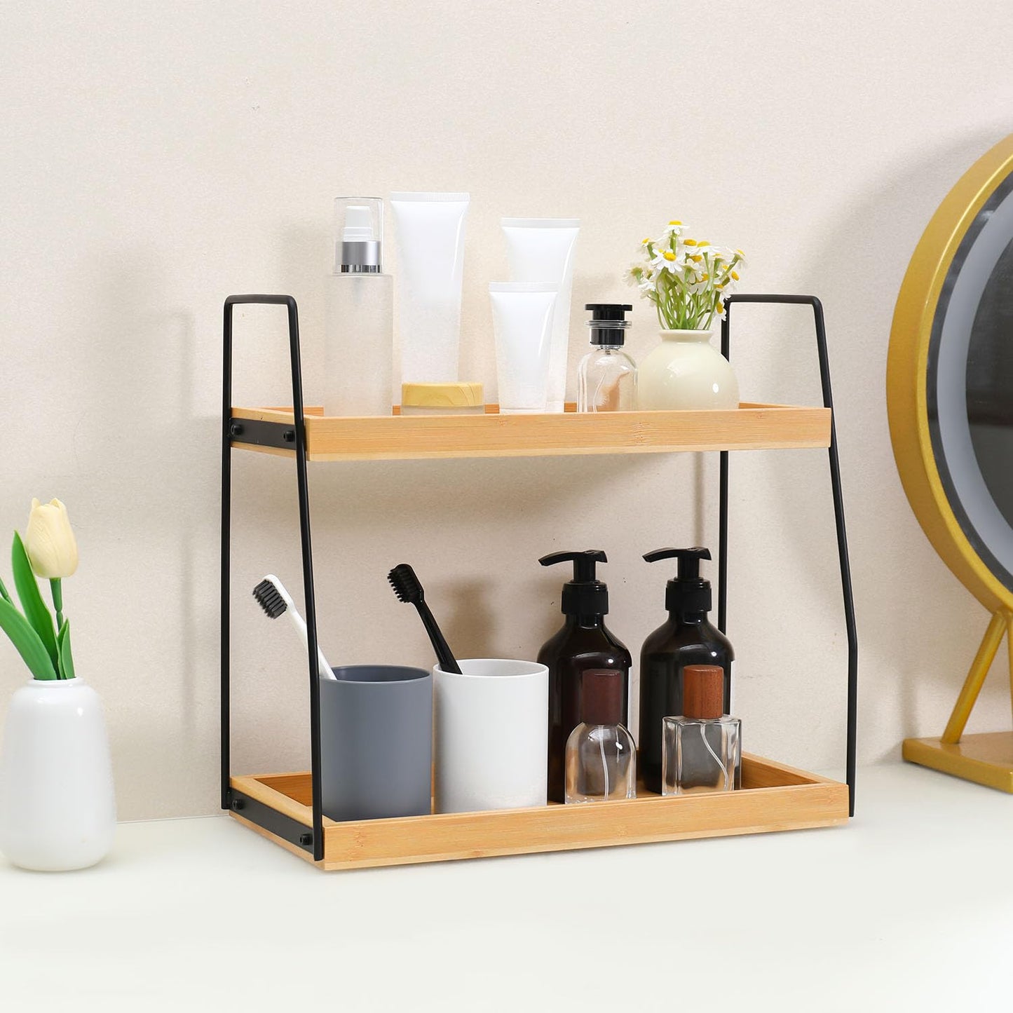 ZOBONETI Bamboo Bathroom Counter Organizer, Wooden Bathroom Sink Countertop Organizer, 2 Ties Vanity Counter Top Shelf, Dresser Skincare Storage Rack