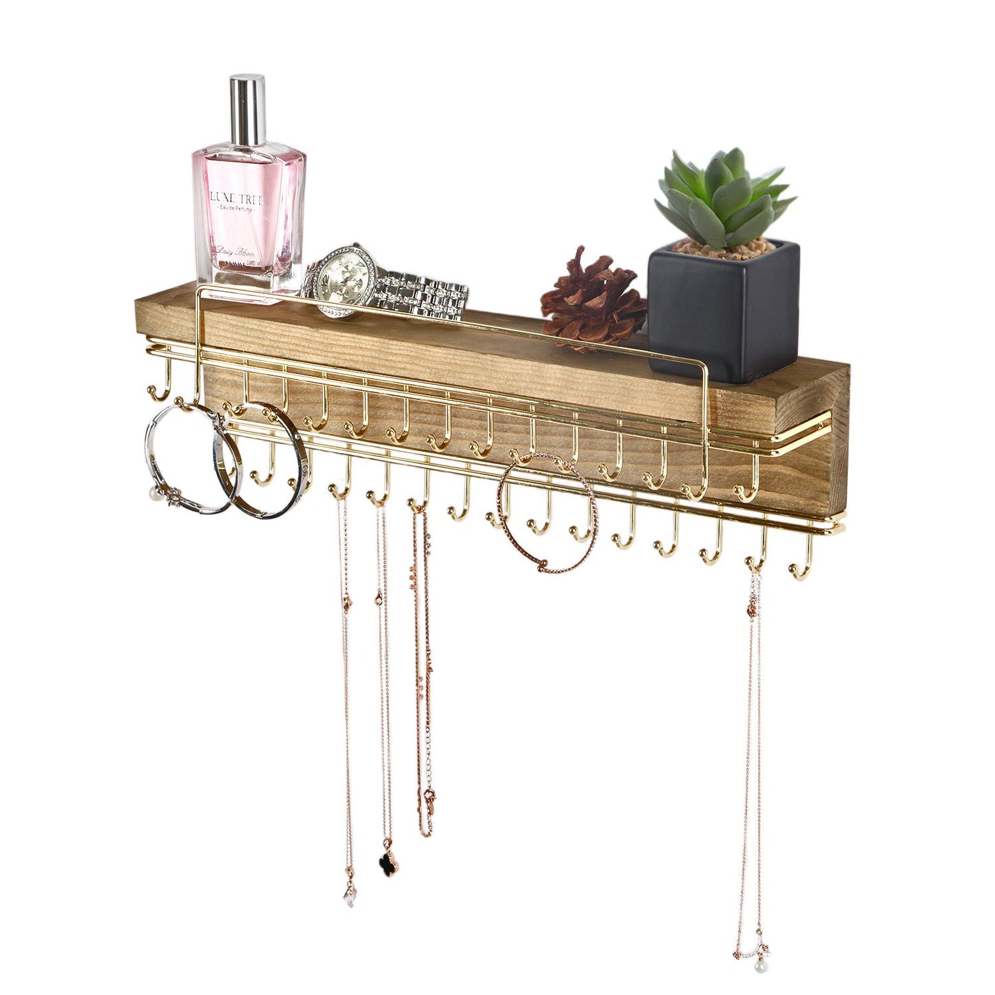 J JACKCUBE DESIGN Rustic Wood Wall Mounted Jewelry Organizer with 30 Gold Metal Hooks Display Shelf Storage for Necklaces, Bracelets, Earrings
