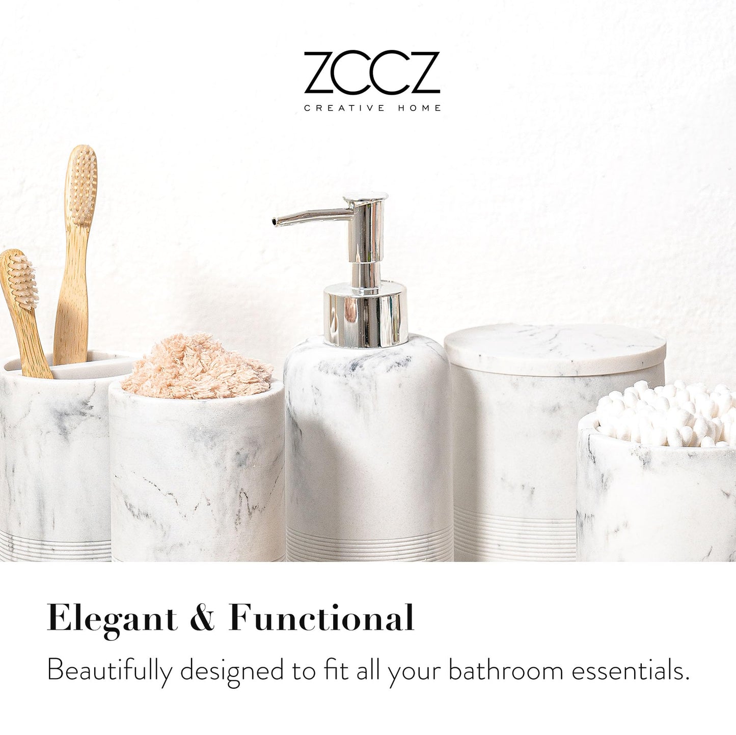 ZCCZ White Bathroom Accessory Set 6 Pieces - Organiser With Toothbrush Holder, Lotion Soap Dispenser, Vanity Tray and 2 Q-tip Holders