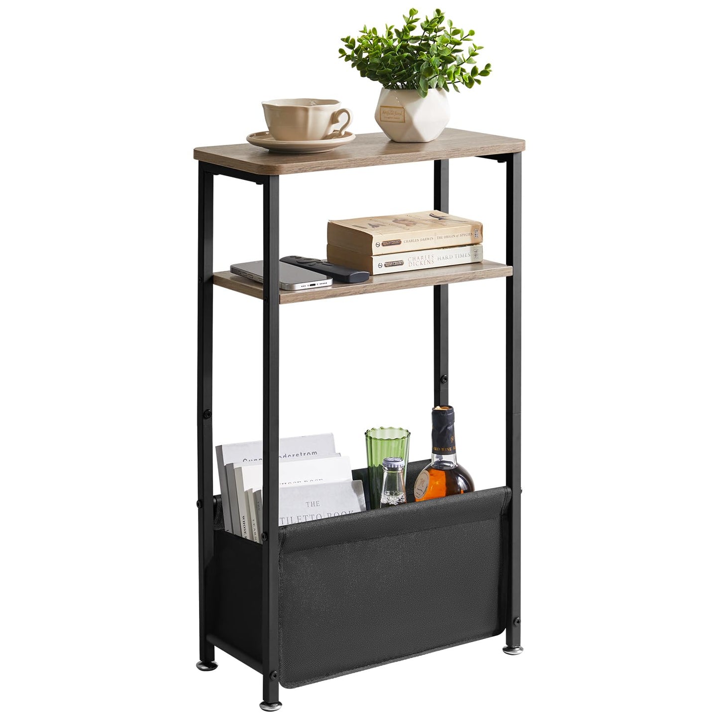 Aibiju Narrow Side Table, Slim Small Table 40x20x66cm, 3 Tier End Table with Storage Fabric Basket, Small Nightstand for Bedroom, Living Room