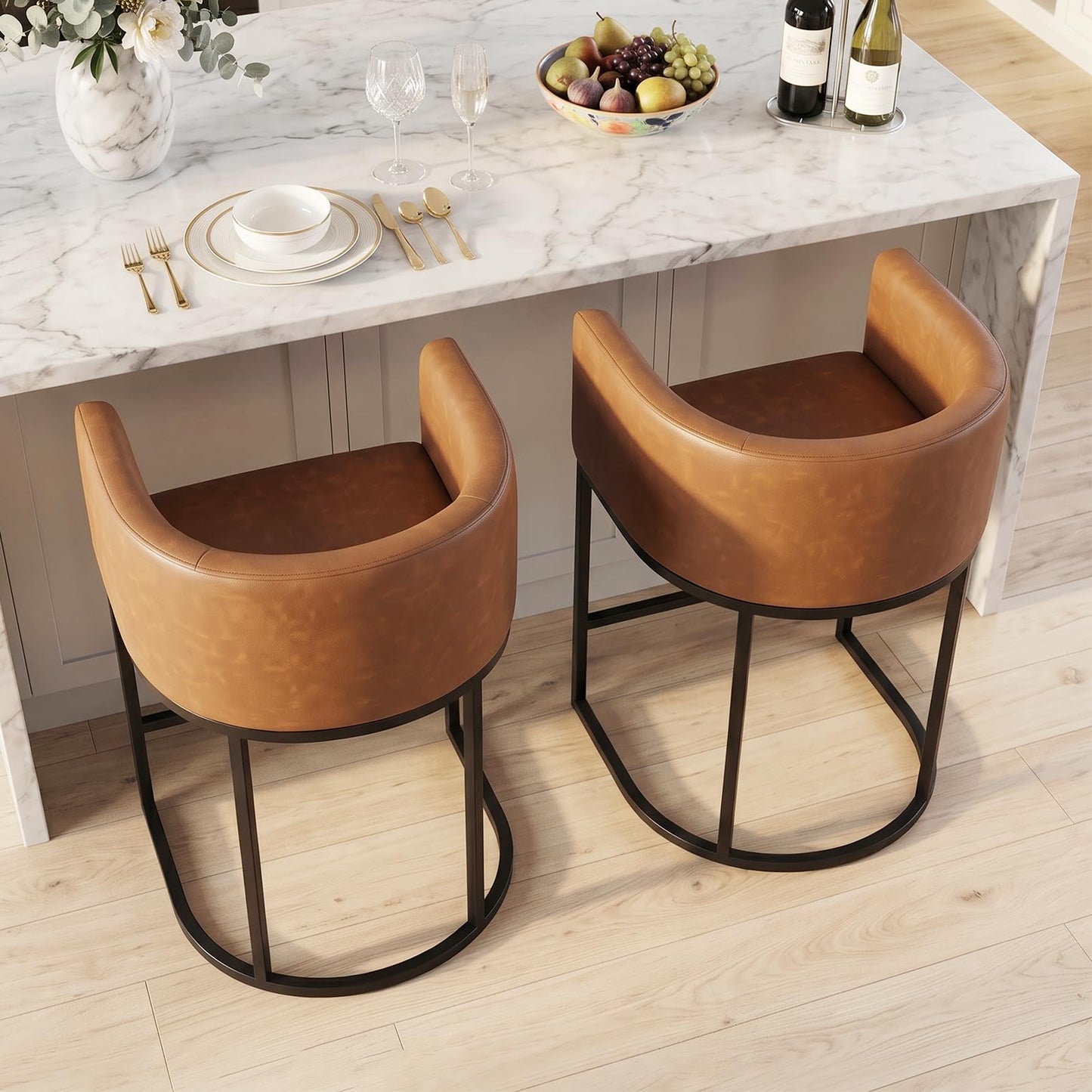 KRAMZMING Counter Height Bar Stools Set of 2, 24 Inch Faux Leather, Brown