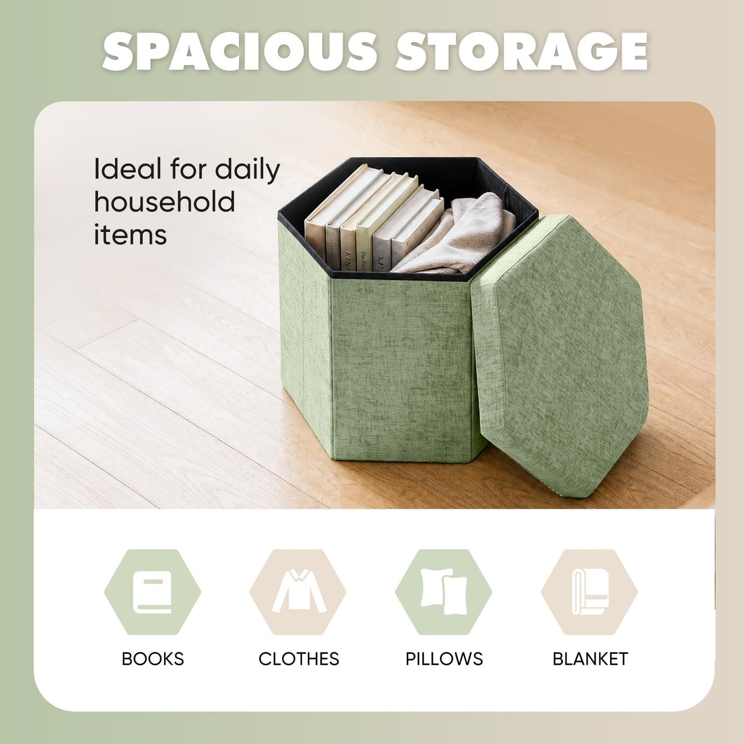 Bonlife Folding Storage Ottoman Hexagonal, Footrest with Toy Ches Box, 43cm