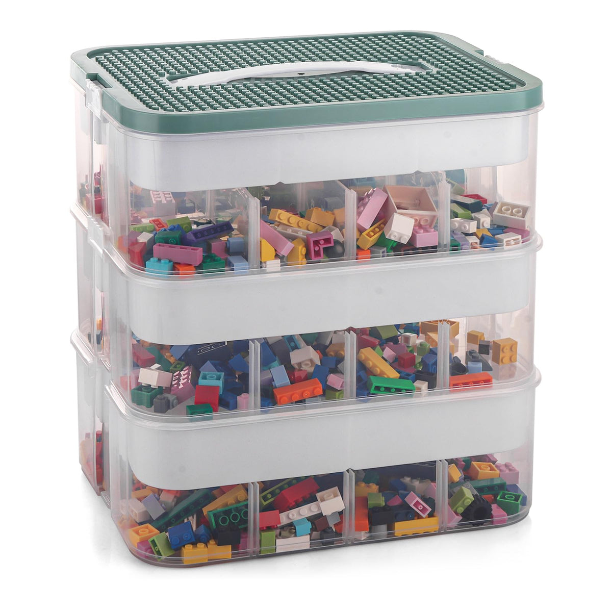 AKOLAFE Lego Storage Box Plastic Storage Boxes with Lids 3 Layers Stackable Toys Organizer Lego Case Container with Baseplate for Building Blocks