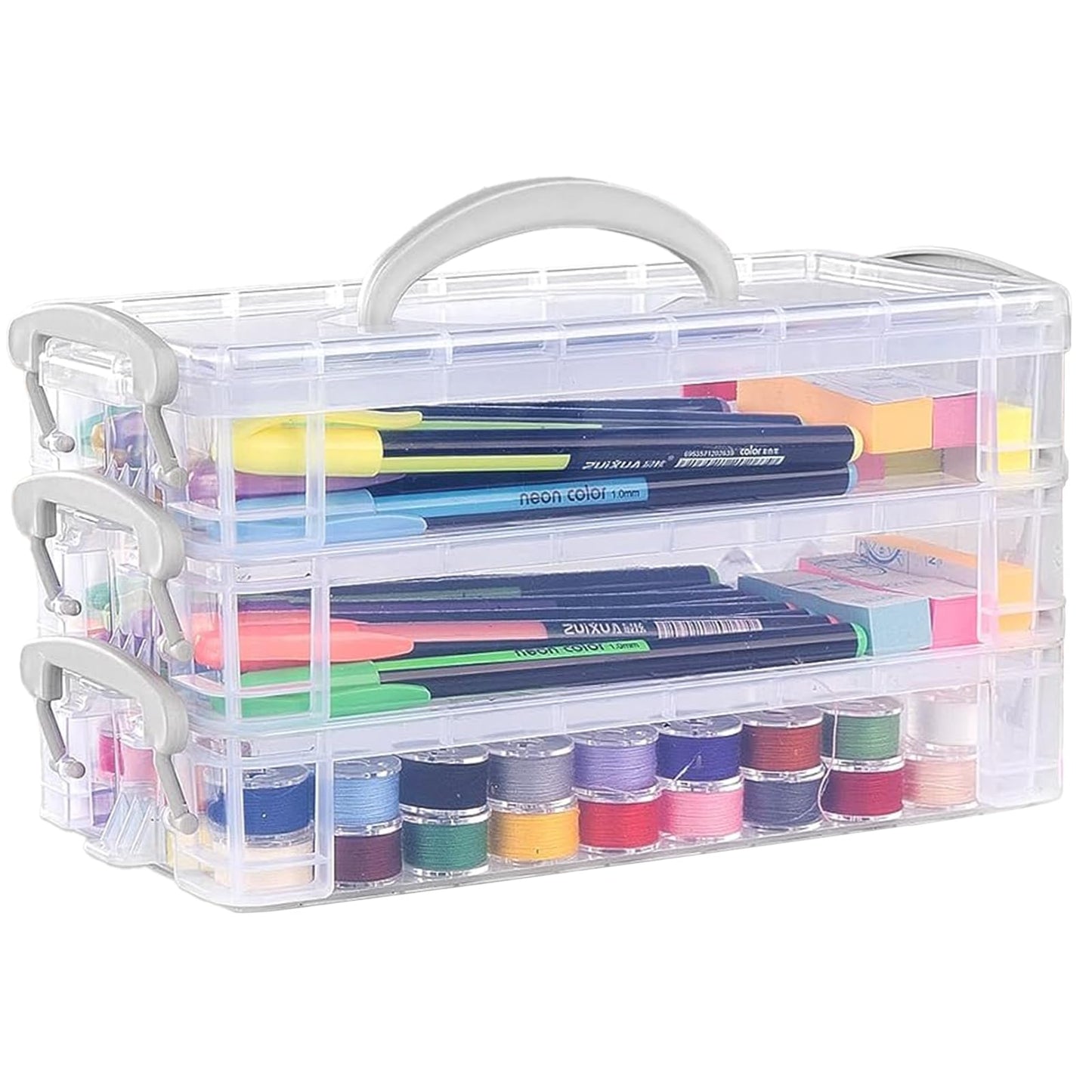 DARUITE Pencil Case with Lid, 3 Tier Plastic Pencil Box with Handle