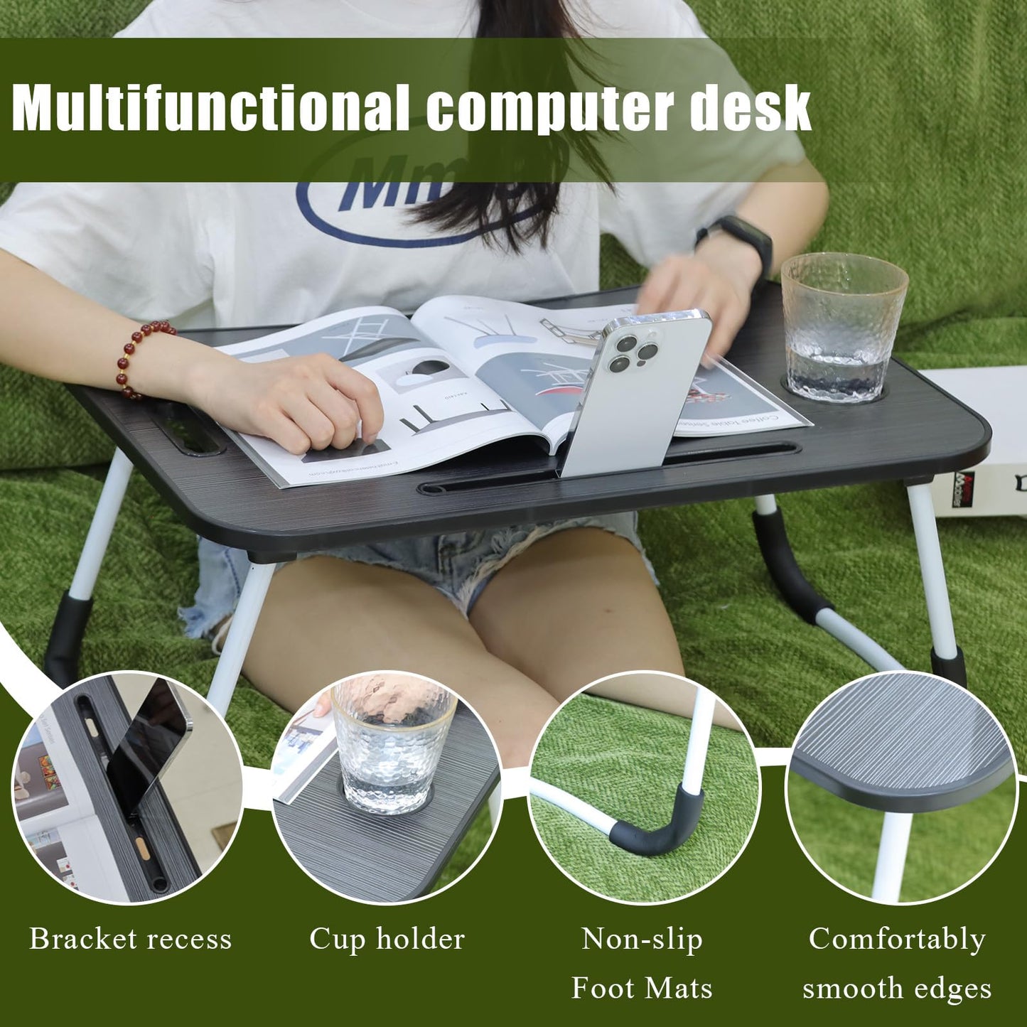 Laptop Desk, Laptop Bed Table with Foldable Legs and Cup Slot Reading Book Holder Notebook Bed Terrace Balcony (Black)