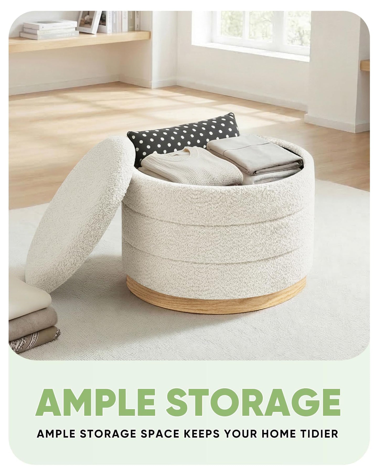 Bonlife Round Chenille Storage Ottoman Coffee Table, Folding Footstool with Table Top