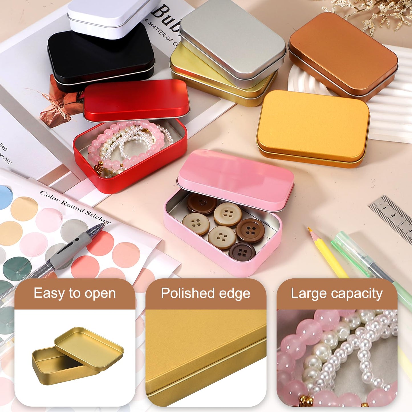 sourcing map 2Pcs Metal Tin Box Container, 3.7x2.4x0.9 Rectangular Empty Box with Self Adhesive Colored Stickers