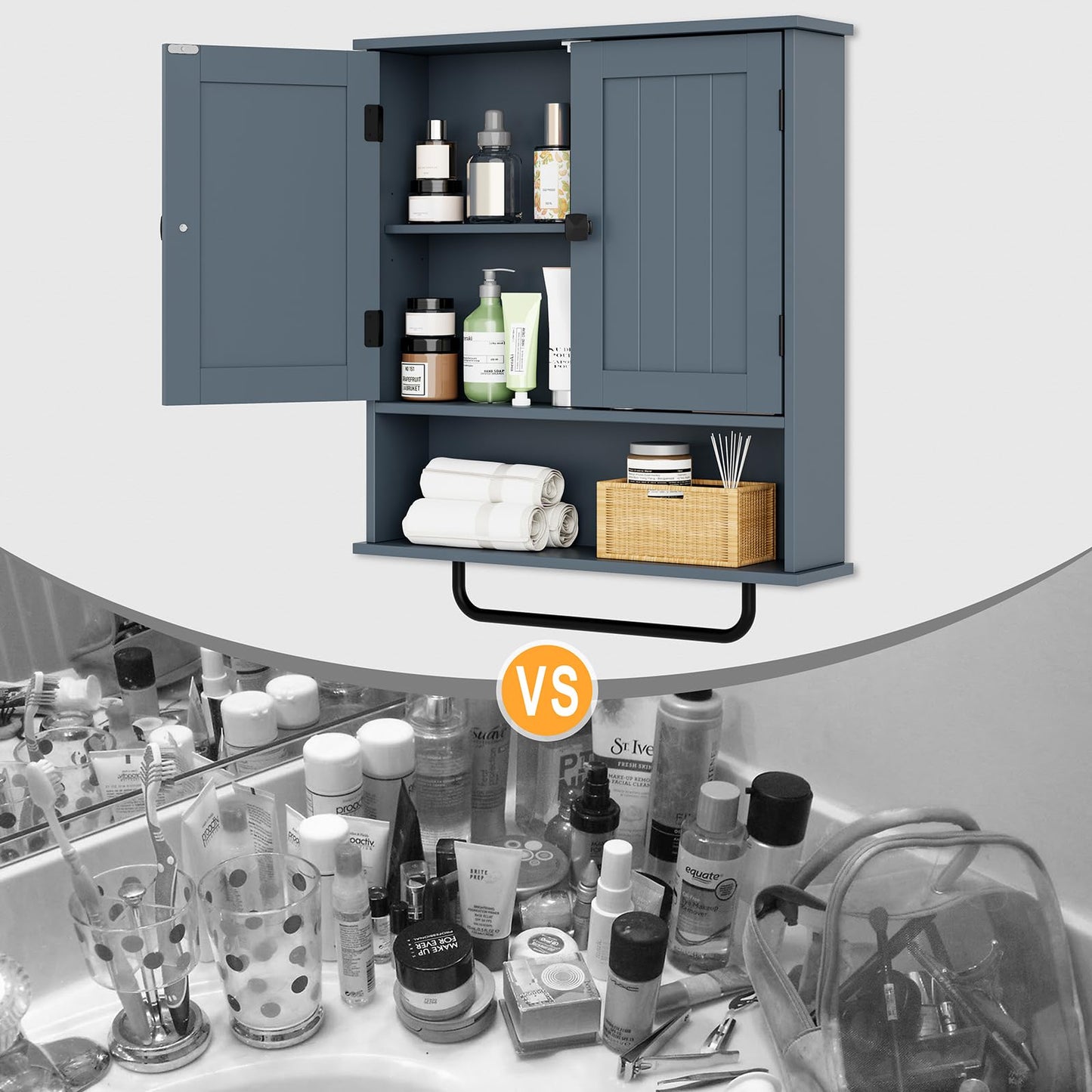 RRX Bathroom Cabinet Wall Mounted Medicine Cabinets with Towels Bar (Gray)