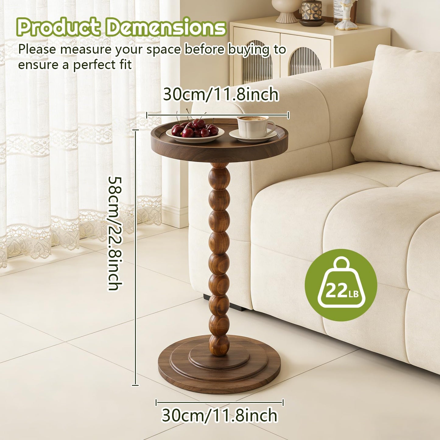 Simcat Round Side Table Bamboo Joint Design, Small Round Coffee Table for Small Spaces with Solid Wood Leg for Living Room, Bedroom, Corners