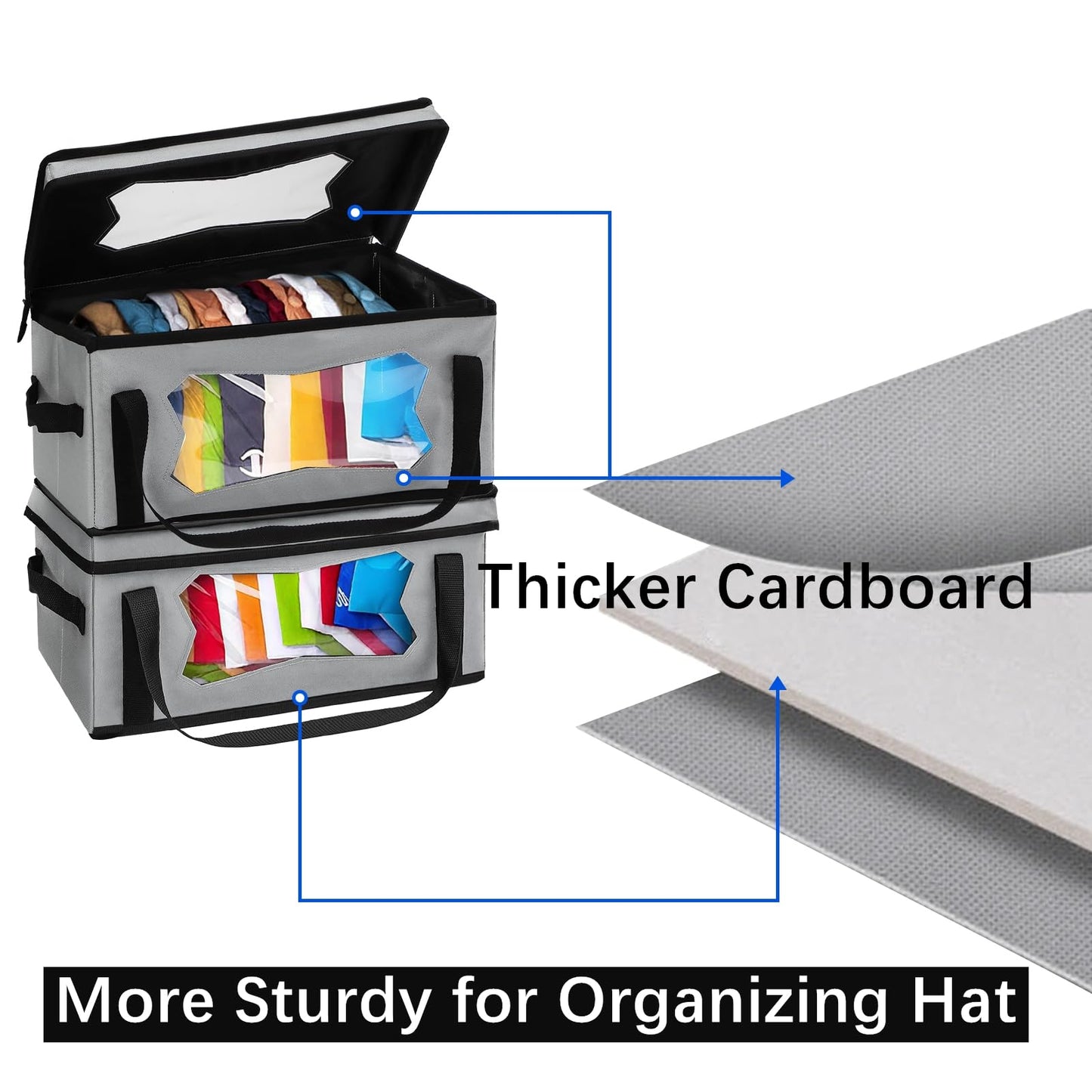 Yopay 2 Pack Stackable Hat Organzier for Baseball Caps, Thicker Hat Storage Boxes for Closetwith Cardboard, Up to 30 Hats, Grey