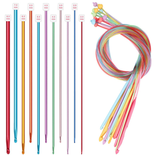Reessy Tunisian Crochet Hooks Set, 11PCS Aluminium Tunisian Crochet Hook 2.0-8.0mm and 12 PCS Plastic Tunisian Crochet Hooks with Colorful Cable