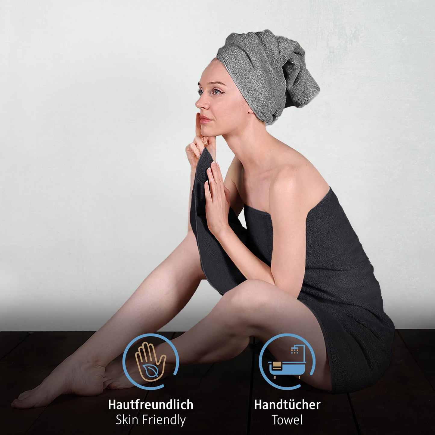 Komfortec Set of 8 Hand Towels 50 x 100 cm 100% Cotton 470 g/m² Terry Cloth Soft Anthracite Grey/Black
