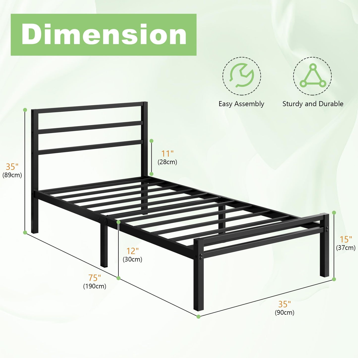 Lutown-Teen Metal Single Bed Frame with Headboard and Footboard