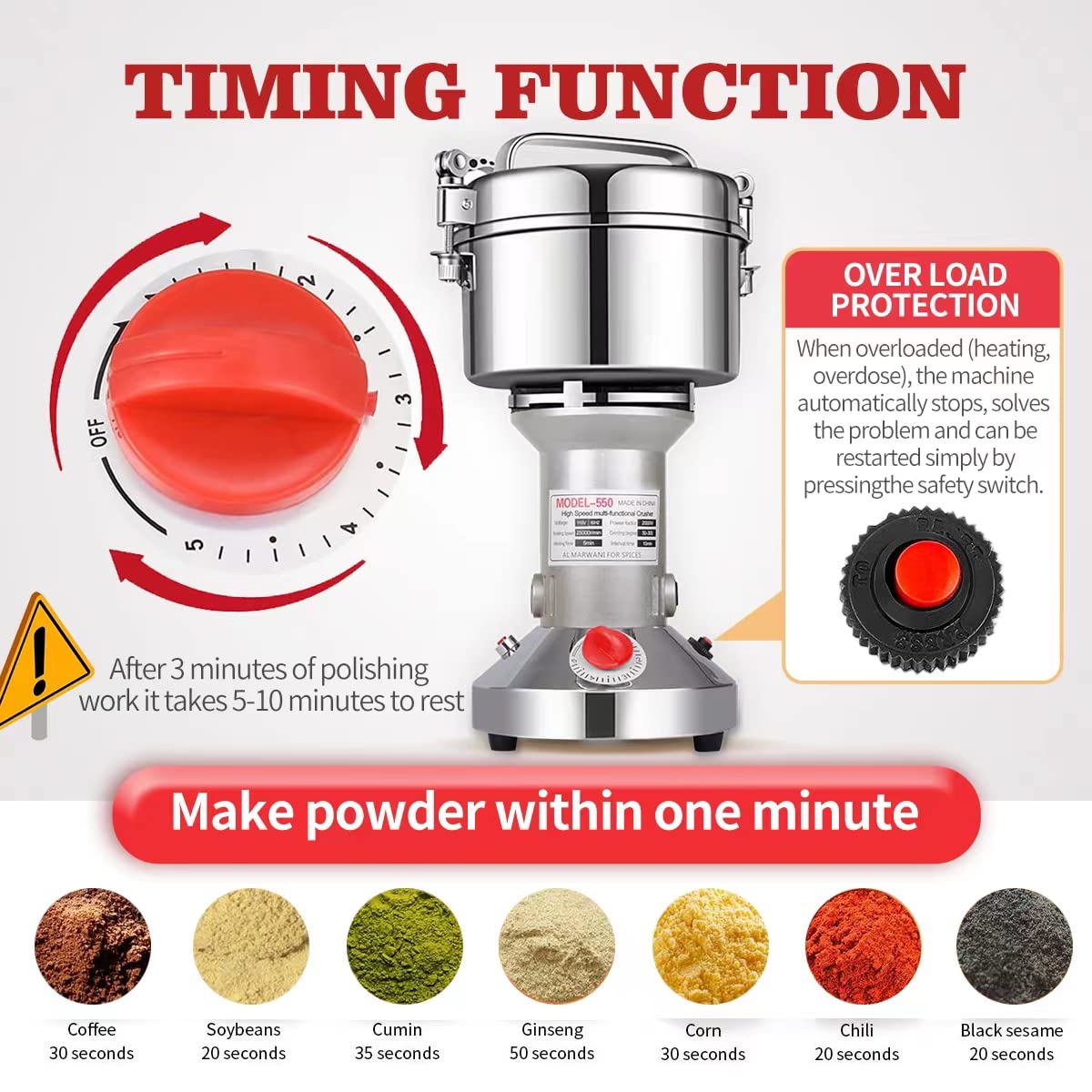 LEJIEYIN Grain Mill Grinder 550g High Speed 25000R/Min Speedy Grinding Overload Protection Mill for Herb/Spice/Nut/Cereal