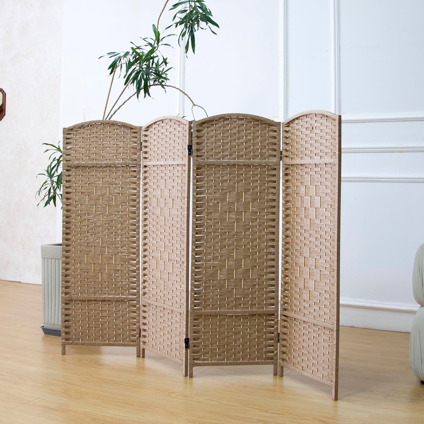 Furnnylane 4 Panel Light Brown Rattan Divider Short Room Partition Screen,Double Sided Short Folding Divider for Room Separation,120 cm Tall