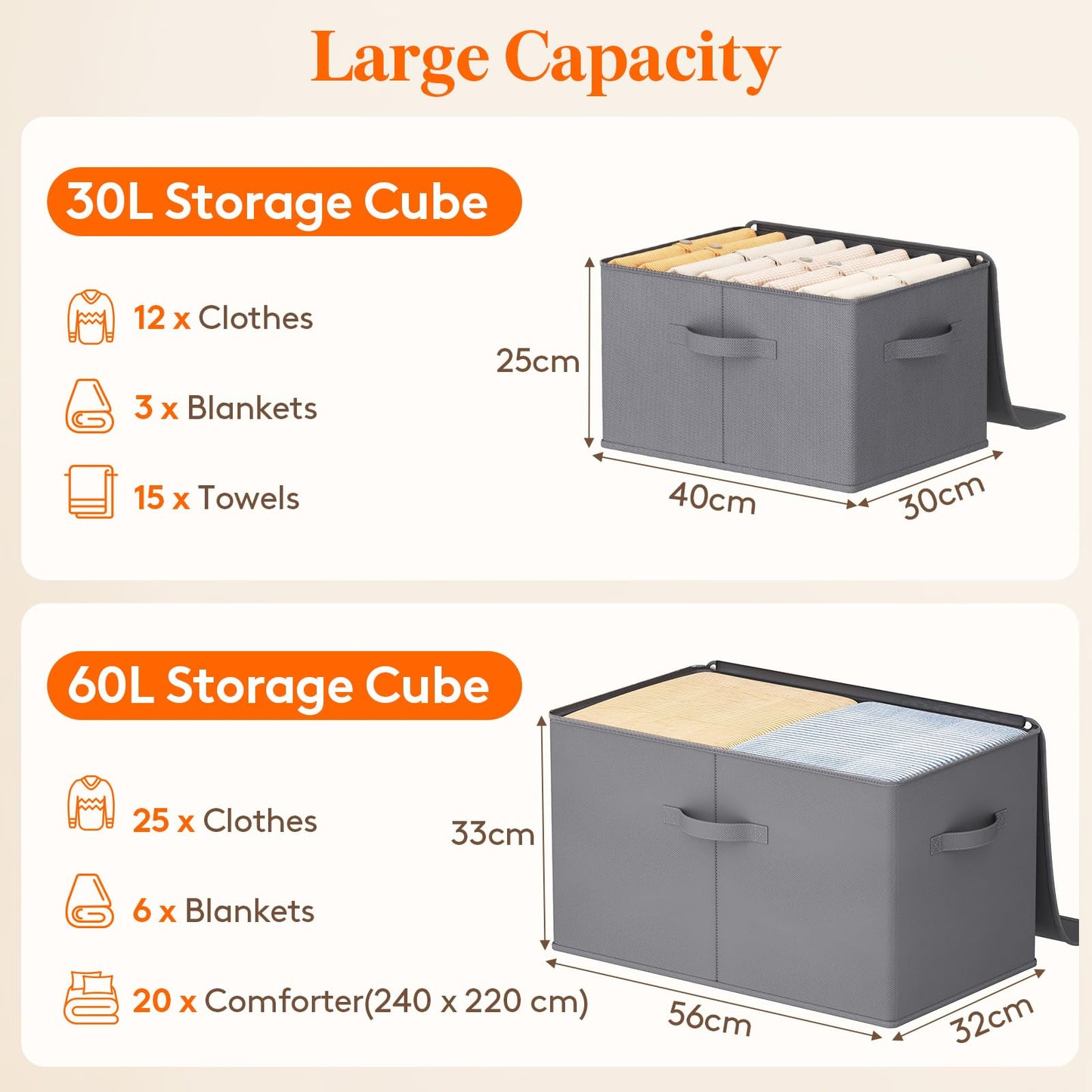 Lifewit Wardrobe Storage Box with lid, 30L, 40x30x25 cm, Grey, 3 Pack
