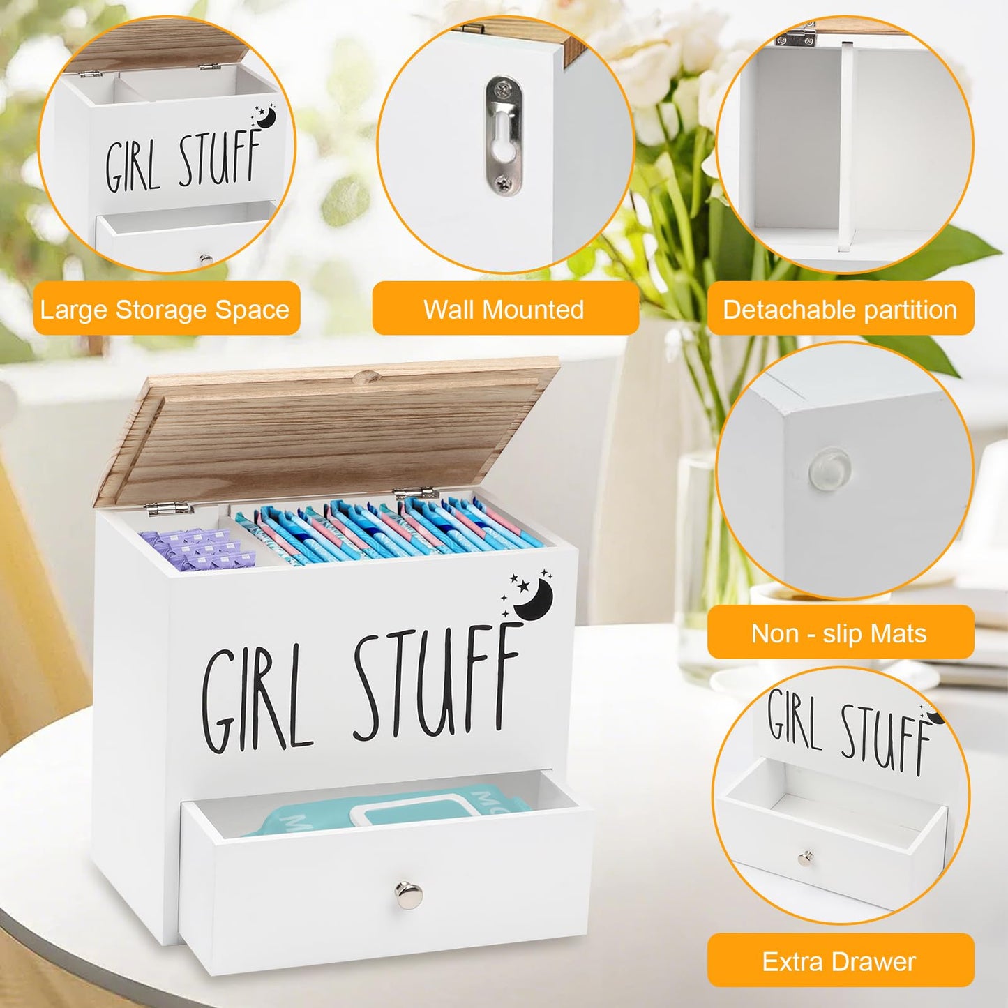 BigKing Sanitary Napkin Organizer with Drawer and Lid, Wooden Sanitary Napkin Box, 24 x 14.1 x 22.2 cm, Mobile Divider, Bathroom Sanitary Napkin Box