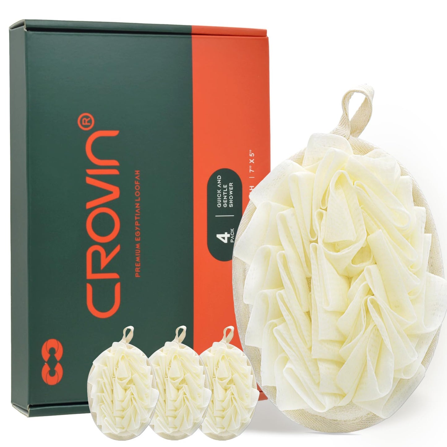 Crovin Bath Shower Pouf Sponge - 4 Packs Exfoliating Mesh Pouf Sponge-Large 5x7 Premium Loofah Shower Scrubber for Men and Women-Elastic Hand Strap