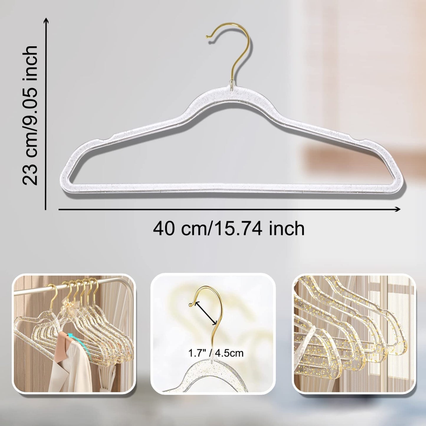 Clear Clothes Hangers 16", 20 Pack Plastic Coat Hanger for Adult Closet, Durable Bling Ganchos de Ropa with Swivel Hook