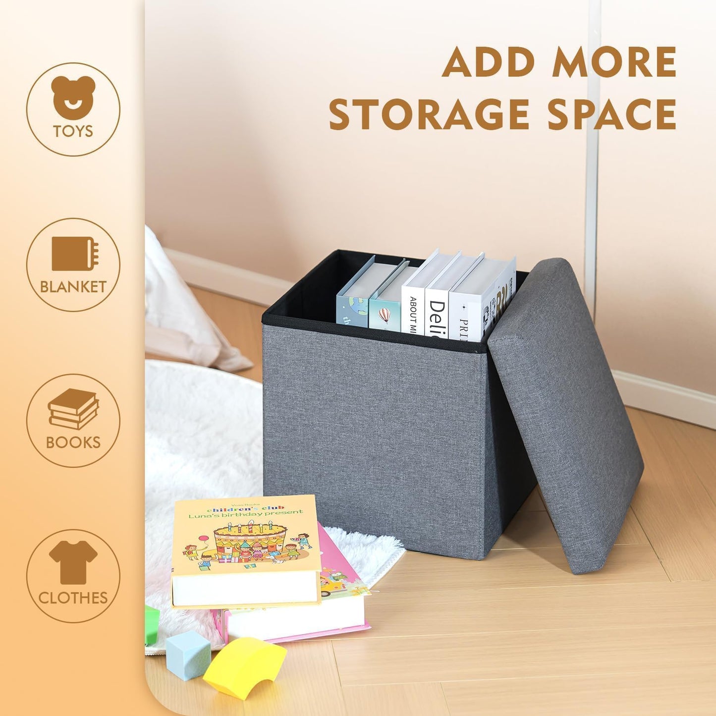 Bonlife Grey Small Ottoman Storage Box with Lid,Foot Rest Stool with Storage,Linen Toy Chest Box,Folding Footstool Cube Seat for Living Room 11.8"