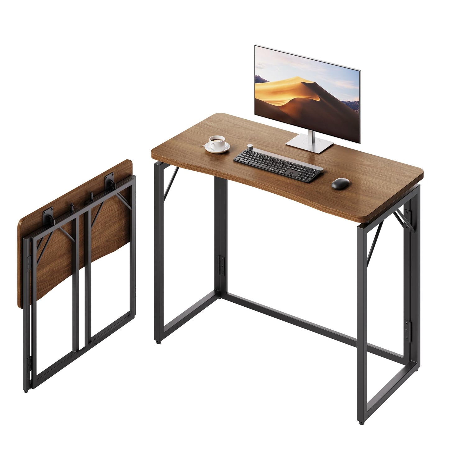 JOYMOOP 80 x 40 cm Folding Desk - Brown, No Assembly Small Foldable Desk for Home, Office, Wooden Top Folding Computer Desk for Working, Writing