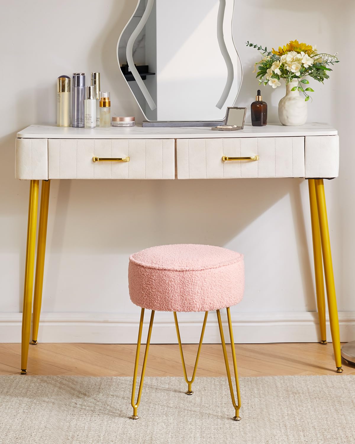 IBUYKE Makeup Vanity Stool Chair, Teddy Velvet Footrest, Pink WBD009P