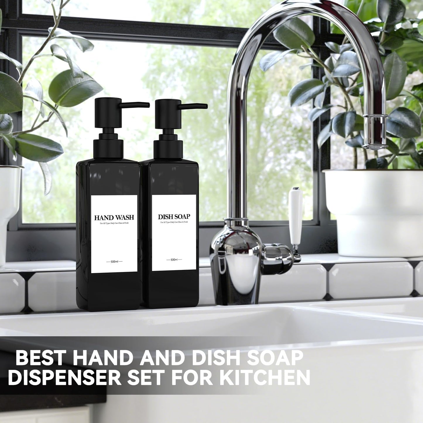 Set of 4 Plastic Shampoo Bottles for Filling, 500 ml Soap Dispenser Bottles Shampoo Dispenser Black Pump Dispenser with Funnel and Waterproof Labels
