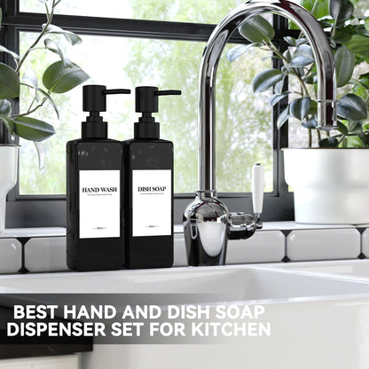 Set of 4 Plastic Shampoo Bottles for Filling, 500 ml Soap Dispenser Bottles Shampoo Dispenser Black Pump Dispenser with Funnel and Waterproof Labels