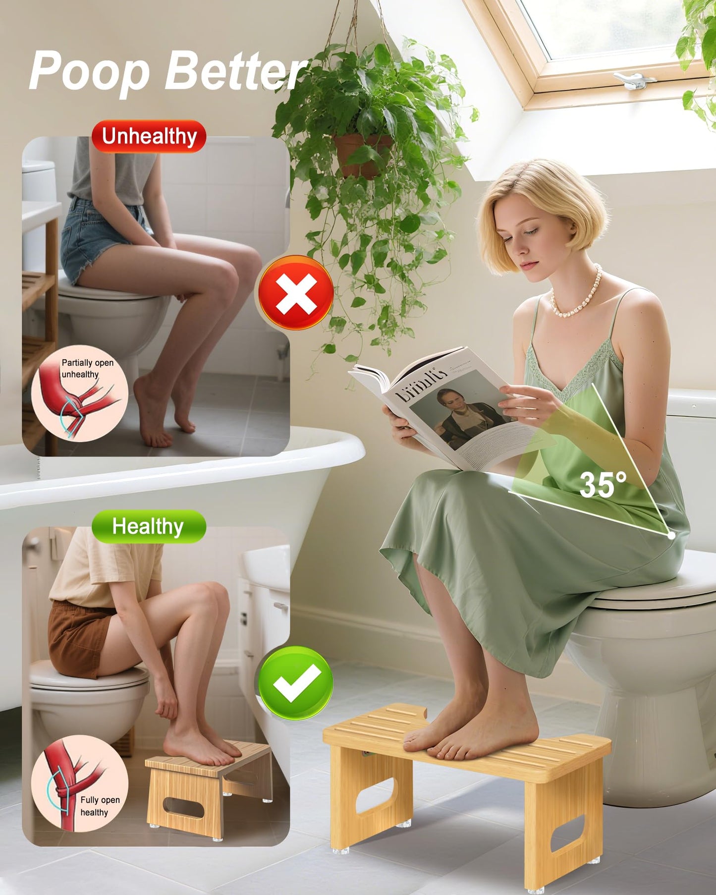 Foldable Toilet Stools, 17.8 CM Wooden Toilet Stool with Anti-Slip Feet, Space Saving, 35° Durable C Shaped Stool (Yellow)