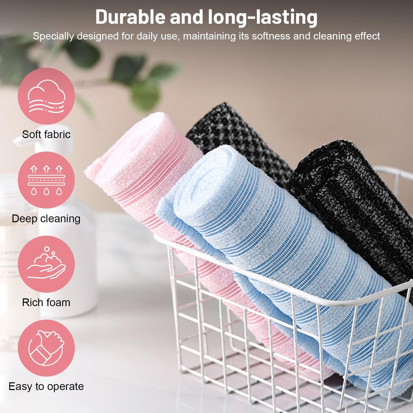 VLUVLA Exfoliating Antibacterial Shower Towel, Japanese Exfoliating Shower Towel, Back Exfoliator, Double-Sided Washcloth