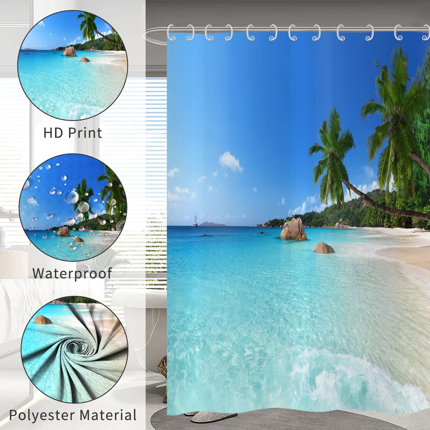 Hnmdmyi Ocean Beach Shower Curtain 165x180, Tropical Palm Trees Seaside Island Blue Sky Hawaiian Landscape Bathroom Curtains with Hooks Waterproof