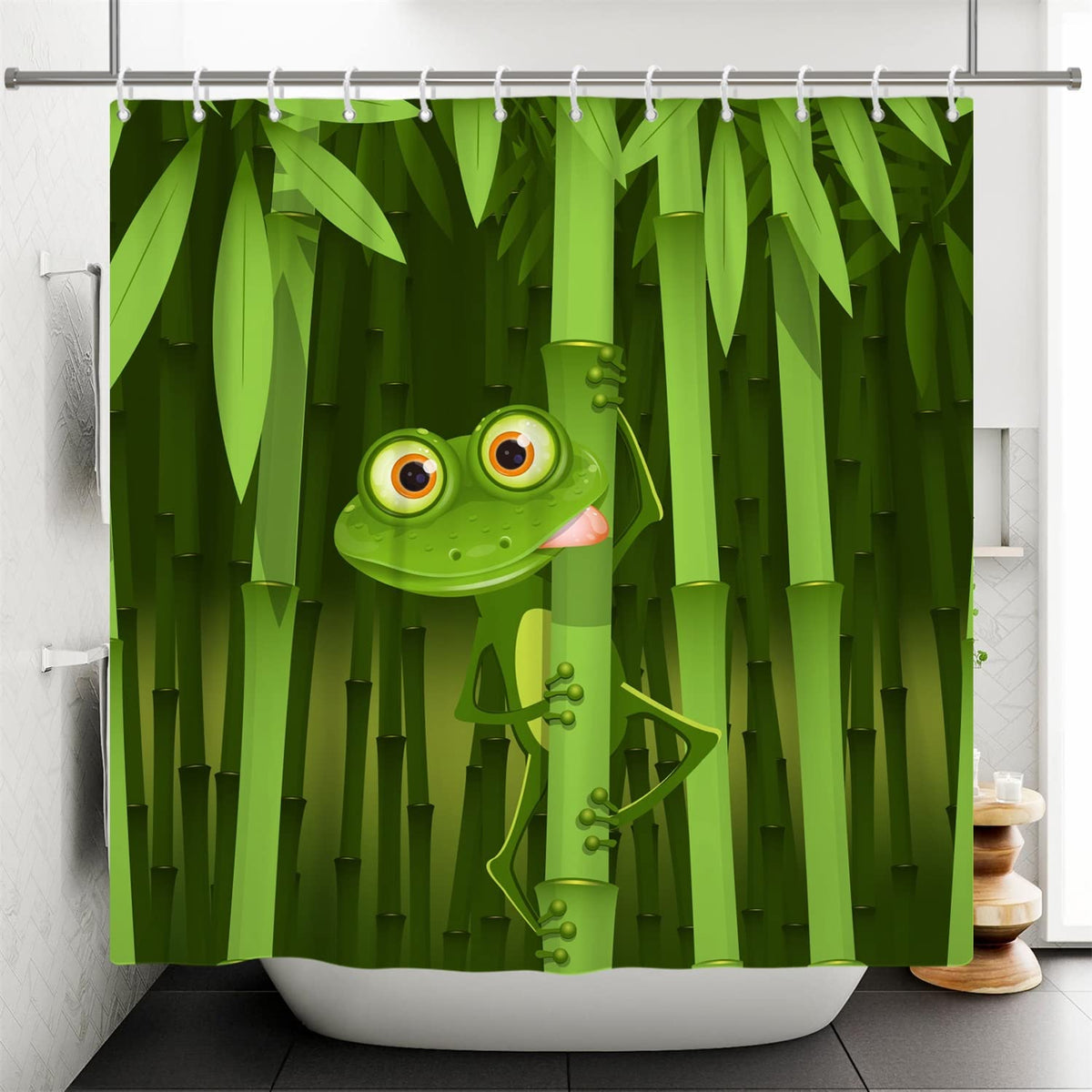 SDOTPMT 122x183cm Cute Frog Shower Curtain Funny Frog Bamboo Cartoon Animal Abstract Tree Leaves Bath Curtain Green Bathtub Curtain for Kids Bathroom