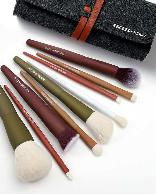 Travel Makeup Brush Set, EIGSHOW Premium Synthetic Foundation Powder Concealers Eye Shadows 9 Pcs, 5 Colors Brushes with Pouch, Cute & Portable, Gift