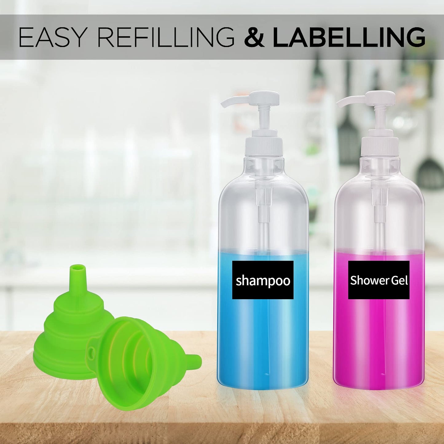 2 Pcs Shampoo and Conditioner Bottles, 1000ml Empty Plastic Refillable Handwash Shower Soap Pump Bottles Dispensers for Cleaning, Travel, Liquids