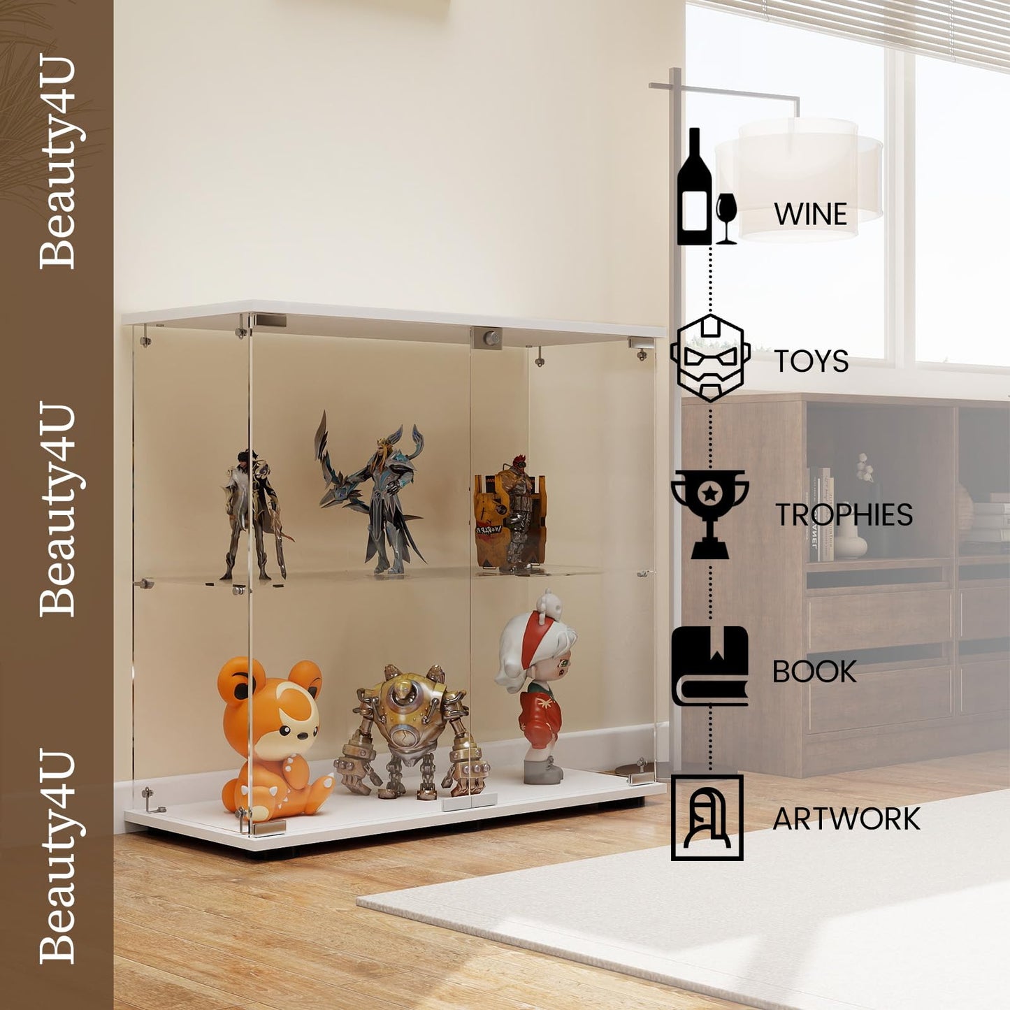 Beauty4U 2-Shelf Double Door Glass Display Cabinet, 83cm Tall, White