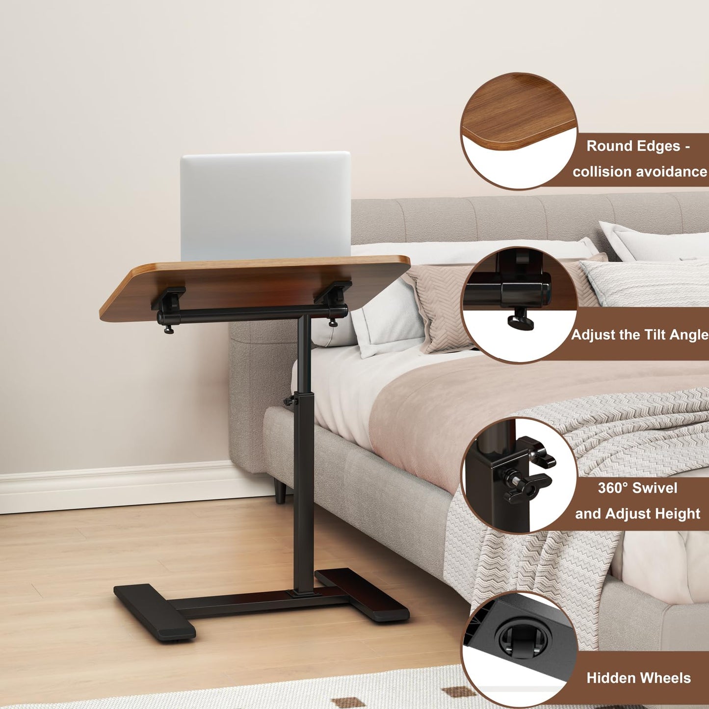 Adjustable Height C Shaped Side Table,360°Swivel Overbed Table,Top Tilting Laptop Stand Tray Tables with Wheels,Mobile Couch End Tables that Slide