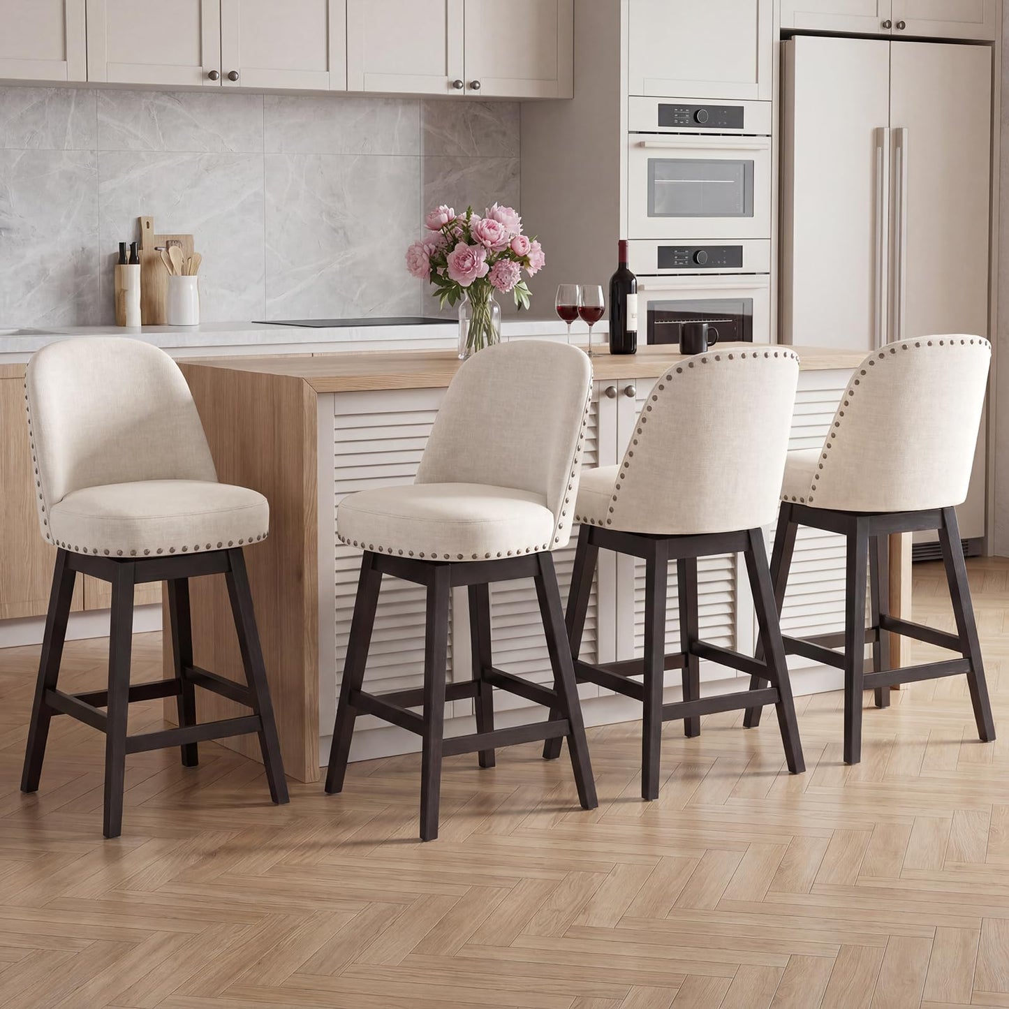 Bar Stools Set of 4, 360° Swivel Counter Stools with Upholstered Seat, Wooden Frame & Nailhead Trim