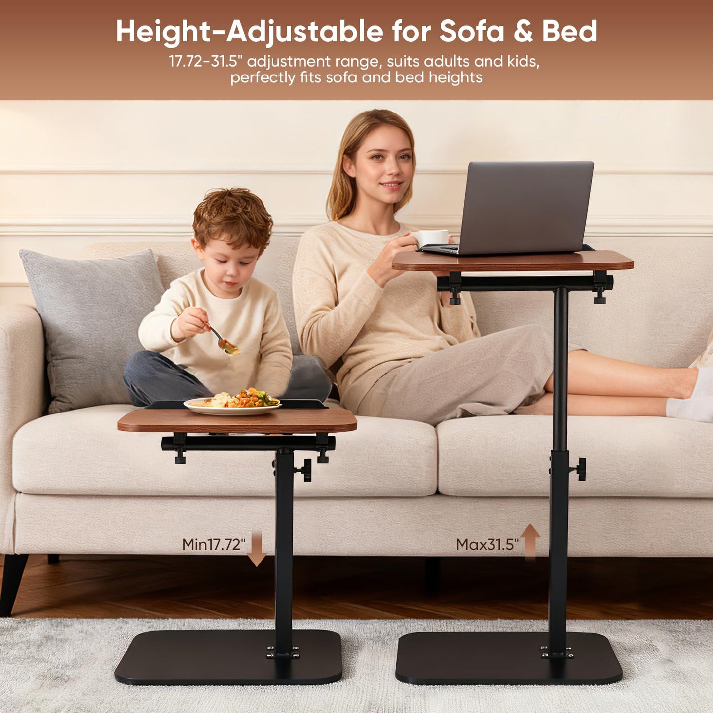 C Shaped Side Table,45-80cm Height Adjustable Bedside Table, 360°Swivel End Table, Sofa Side Table, Modern Small Coffee Table