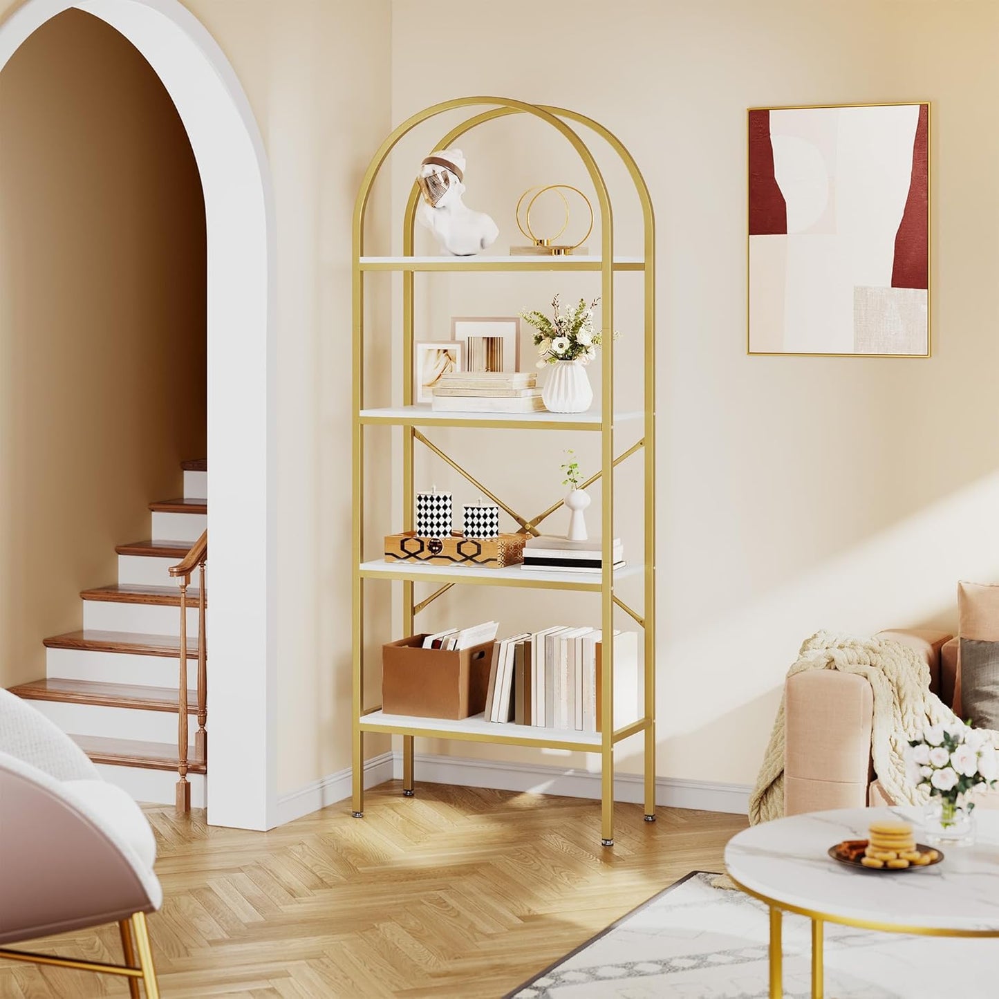 YITAHOME 4 Tier Arch Bookcase, Domed Freestanding Storage Shelf for Living Room, Bedroom, Study, White & Gold, 60x30x181.4 CM