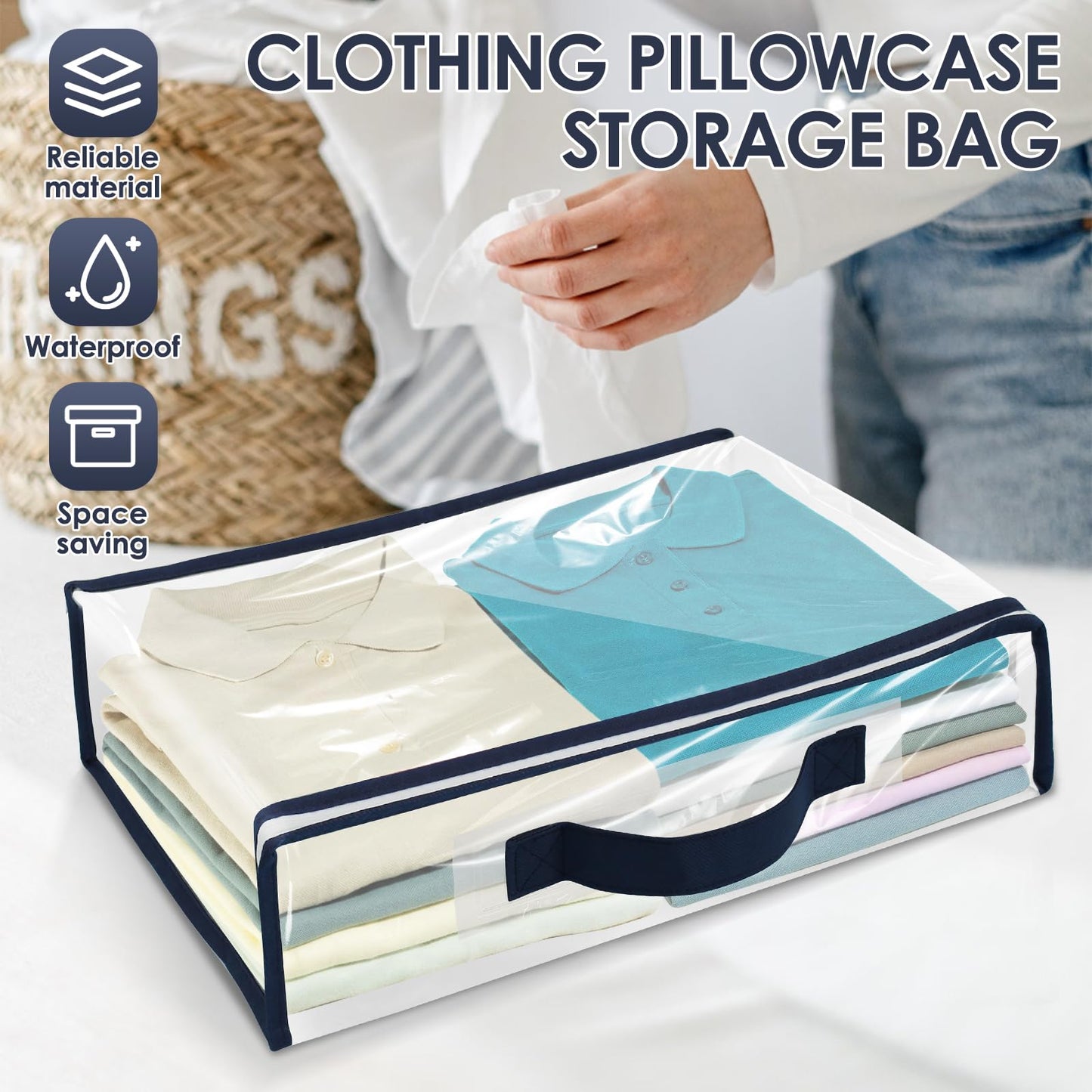 6 Pack Clear PVC Clothes Storage Bags with Zip Reinforced Handle Under Bed Bedding Organiser Blankets Storage Boxes Dustproof Transparent Moving