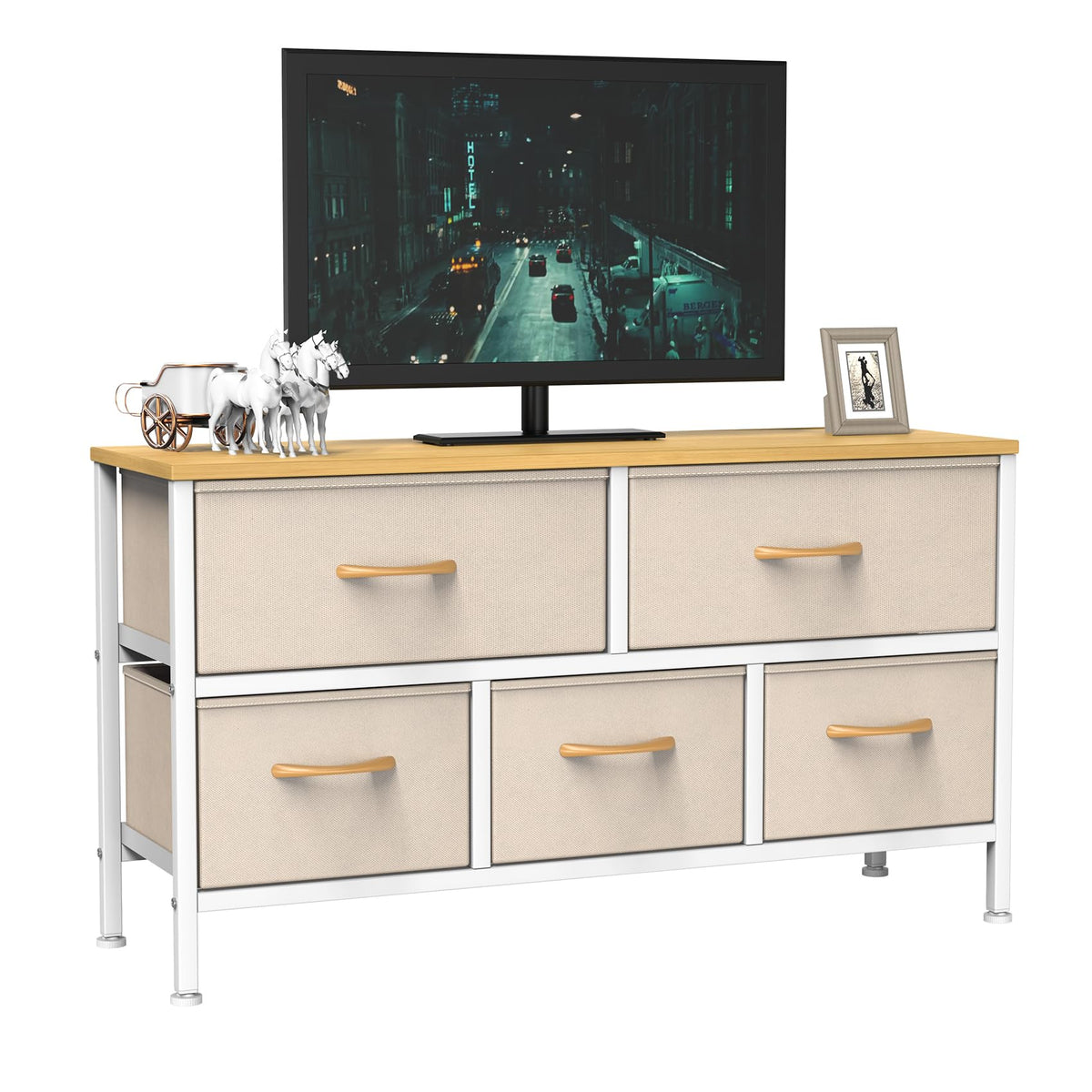 Feonase Bedroom Chest of Drawers, 5 Fabric Drawers Dresser with Metal Frame and MDF Top Board, Modern Storage Unit for Bedroom Living room, Entryway