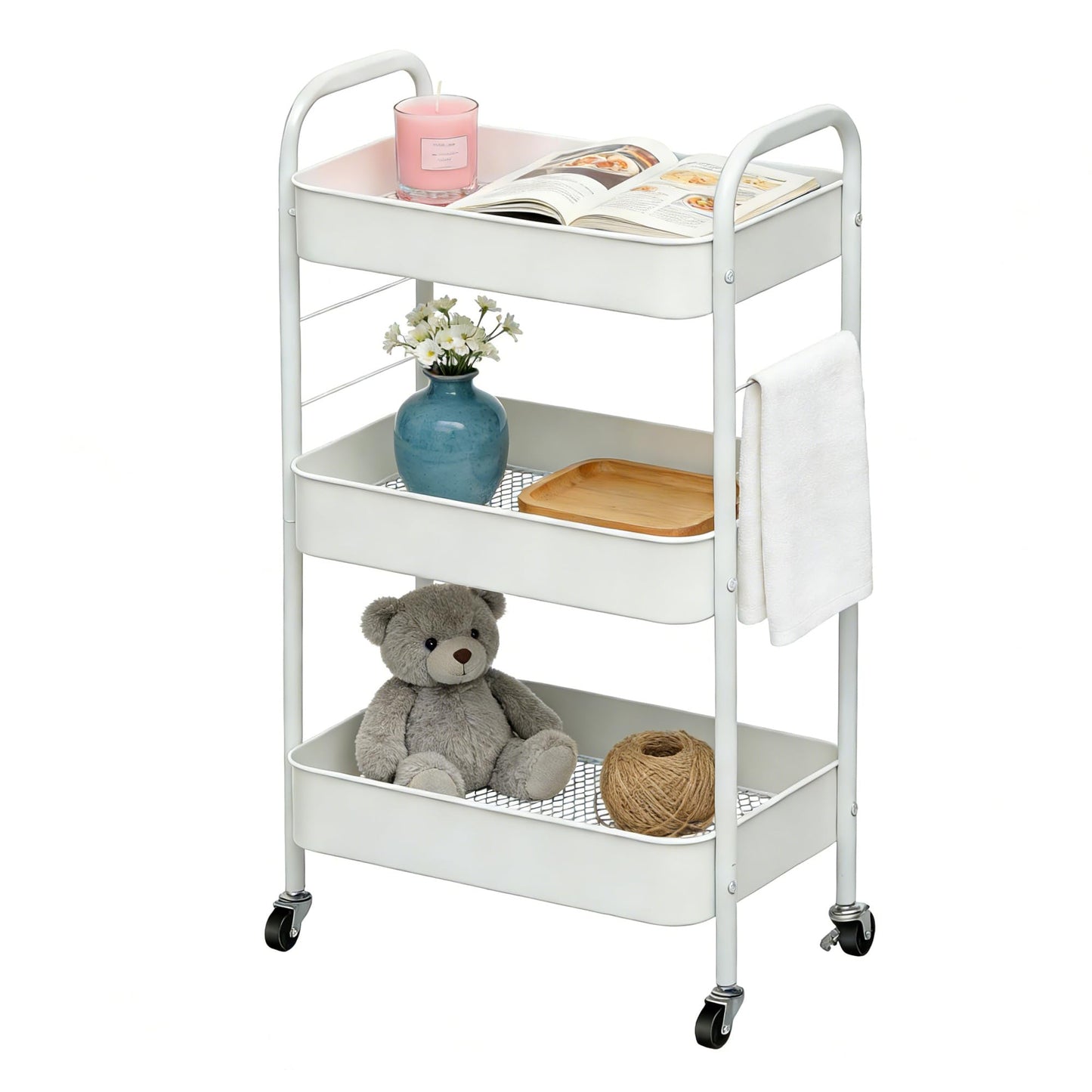 ZOESTORAGE 3 Tier Trolley Cart,Metal Storage Trolley on Wheels for Kitchen,Laundry,Bedroom and Storage Cart for Book,Veg,Snack,White