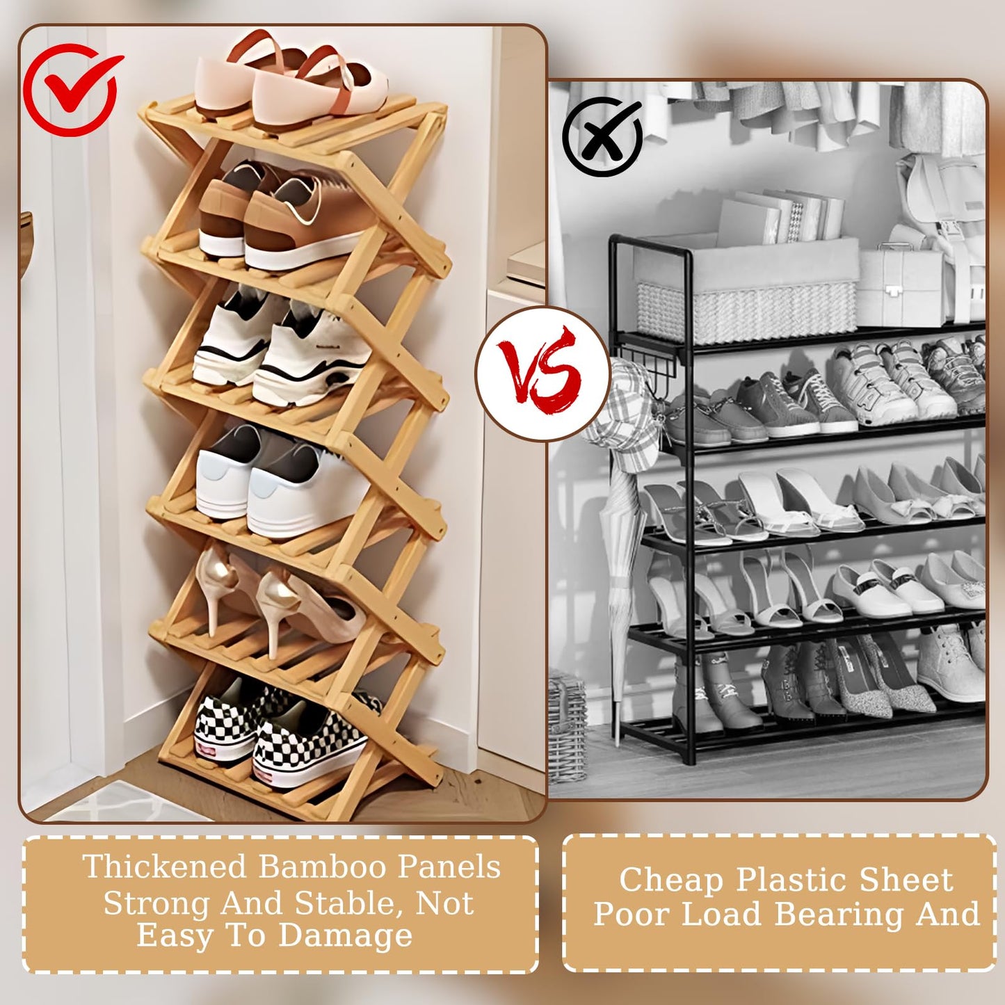 SHEBUYLLI Vertical Foldable Shoe Rack Small, Wooden Shoe Storage Cabinet